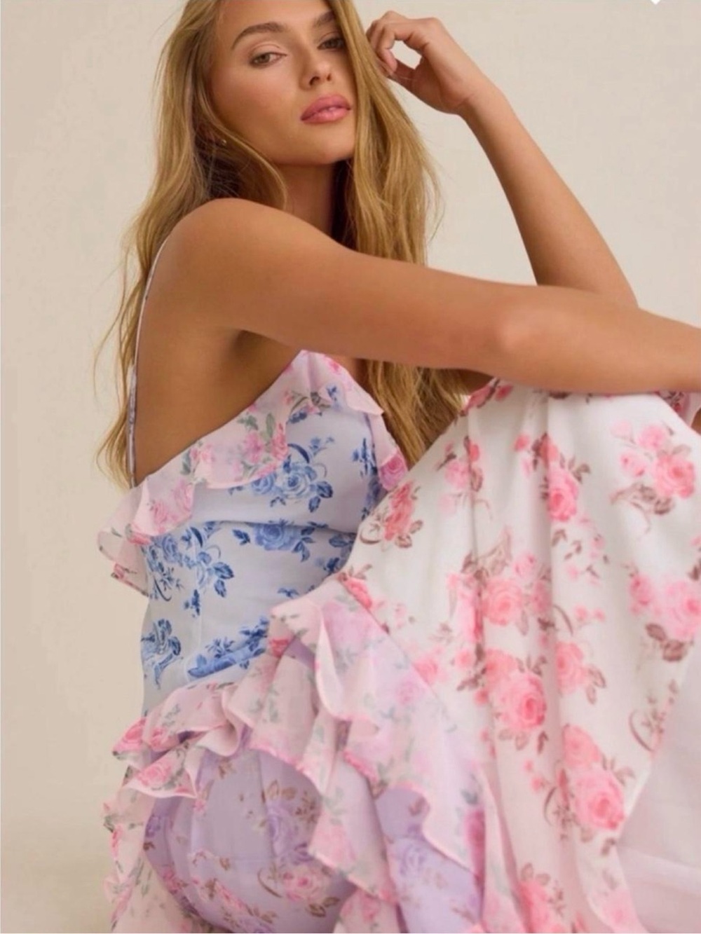 Altar'd State Pink & Blue Floral Ruffled Maxi Dress
